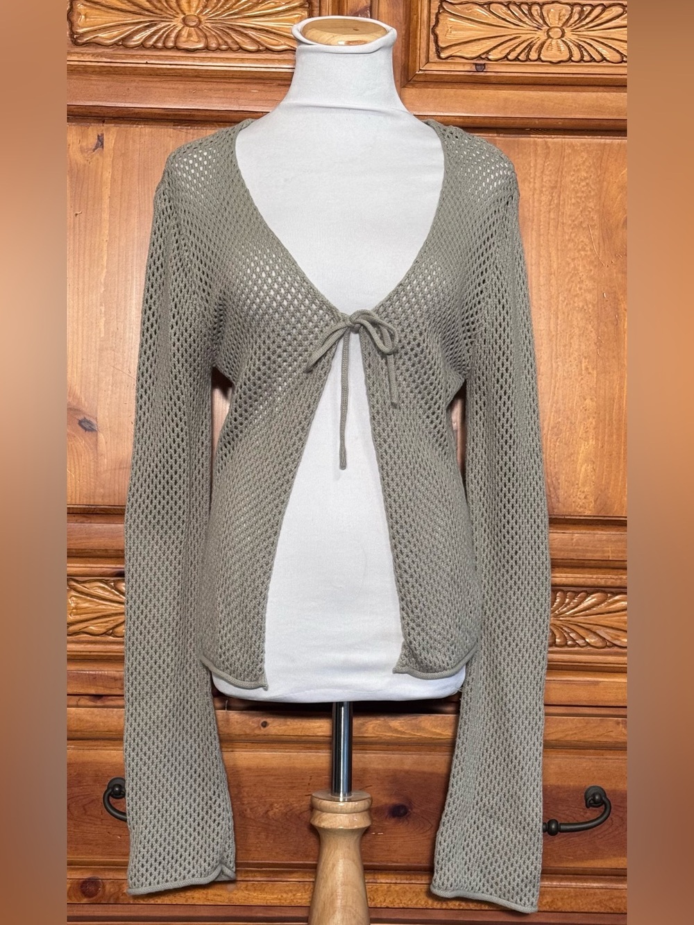 Garage Olive Green Open Weave Tie-Front Cardigan